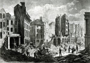 Costruzione del Boulevard de Sebastopol (ora Boulevard du Palais), nel Secondo Impero. Veduta della demolizione della Rue de la Barillerie nel 1859, pub. da Henry Duff Linton